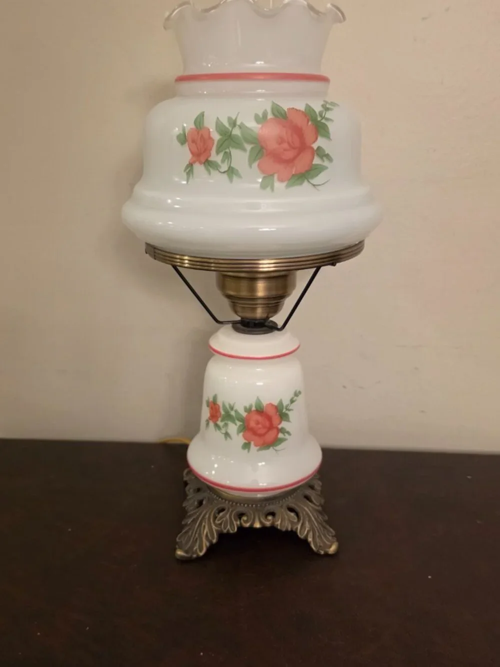 Vintage Hurricane Lamp with Pink Roses (1960's)